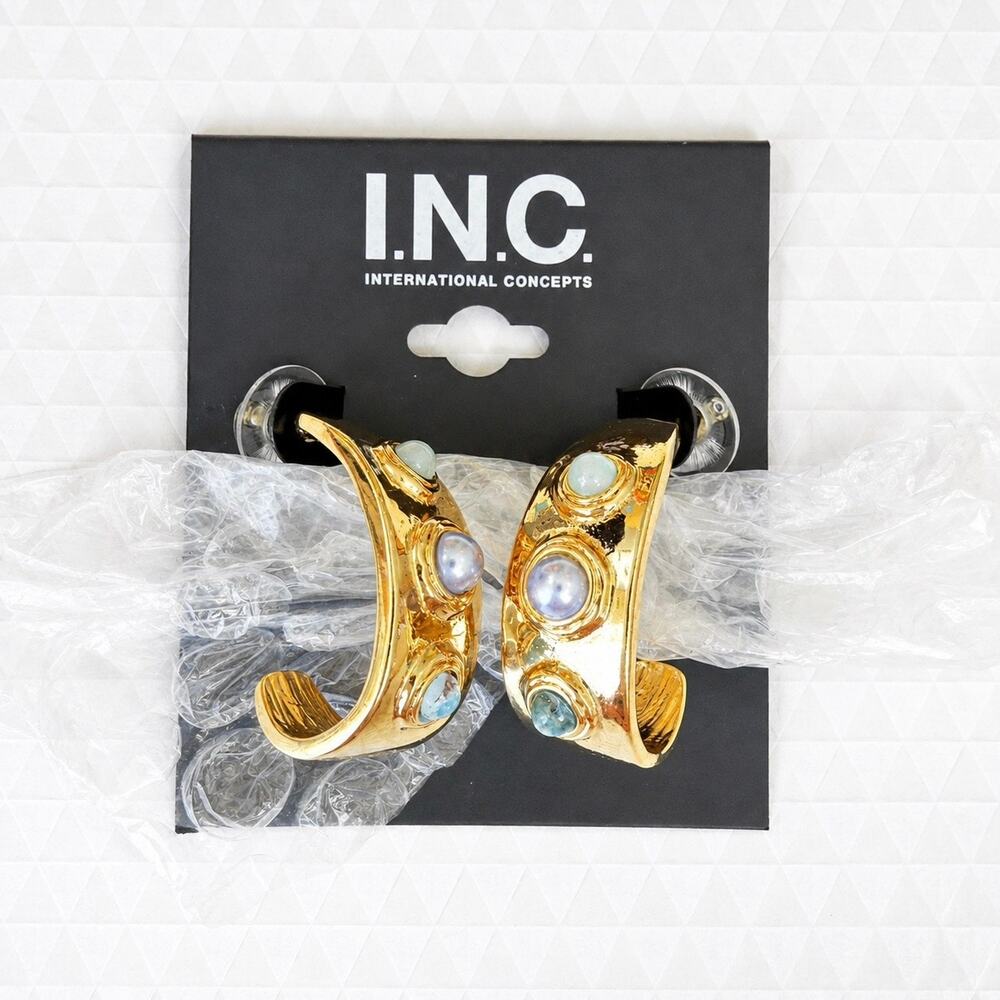INC International Concepts Gold Chunky Hoop Earrings Pearl Accent NWT
